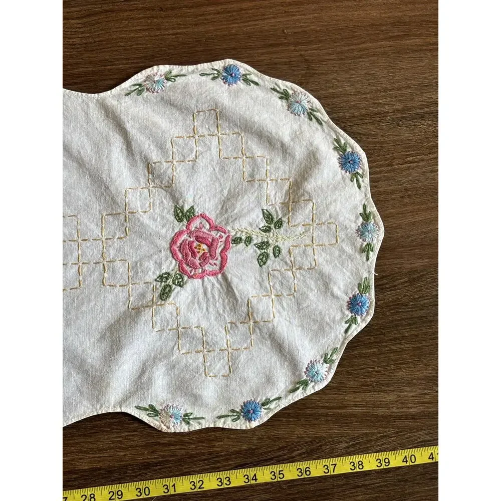 Antique Floral Embroidery Table Runner 16x39 White Cotton Rainbow Boho Scalloped